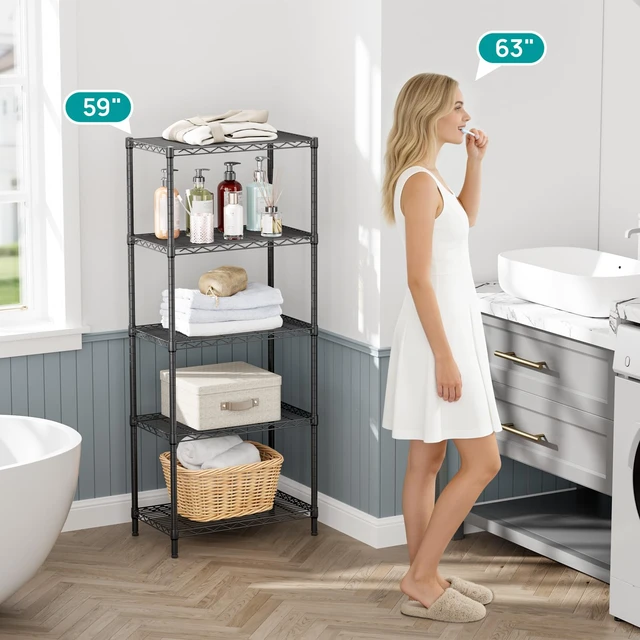 Alt view image 7 of 7 - 5 Metal Shelves Wire Shelving Storage Shelf Adjustable Unit Pantry | 5 Tier Kitchen Laundry Room Organization Home Pantry Closet Bathroom Organizers Garage Rack 14" D x 24" W x 59.5" H Black