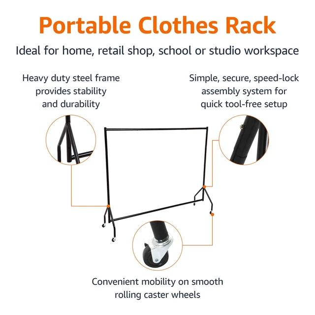 Alt view image 3 of 5 - Heavy Duty Portable Rolling Garment Rack, Hanging Clothes Organizer Rail for Display and Storage, Easy to Assemble, 72 x 60 inches, Black