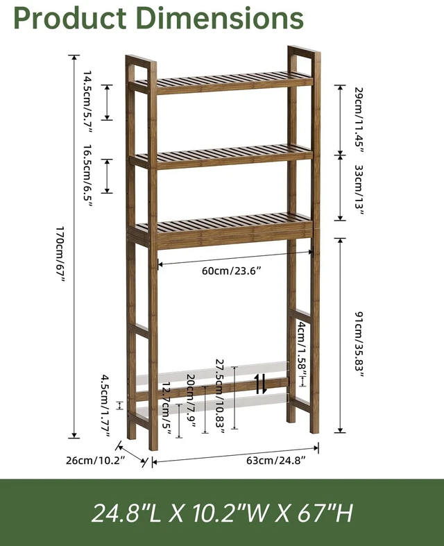 Alt view image 4 of 7 - Bathroom Storage Shelf, Bamboo Over-The-Toilet Organizer Rack, Freestanding Toilet Space Saver with 3-Tier Adjustable Shelves (Walnut)