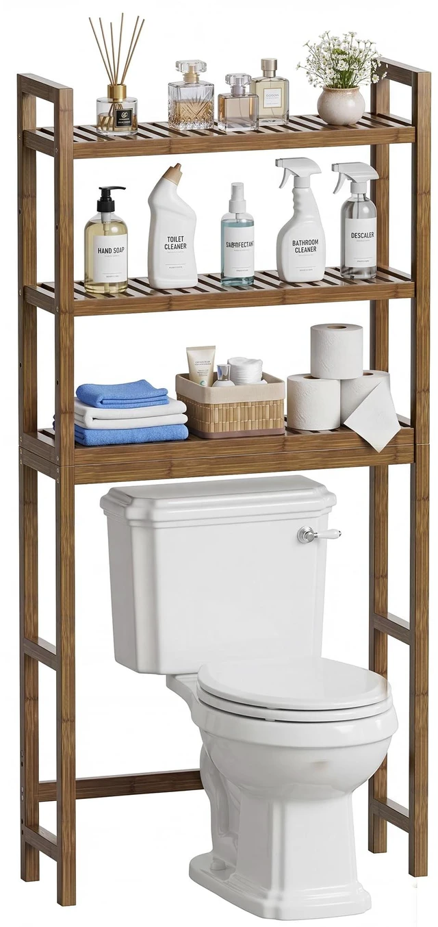 Main image of Bathroom Storage Shelf, Bamboo Over-The-Toilet Organizer Rack, Freestanding Toilet Space Saver with 3-Tier Adjustable Shelves (Walnut)
