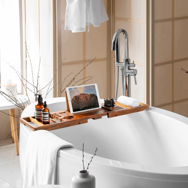 Alt view image 3 of 7 - Teak Bathtub Tray, Adjustable Wood Bath Organizer Caddy | Builtin wine holder, tablet & book stand. Waterresistant finish, fits most tubs for everyday bathroom application