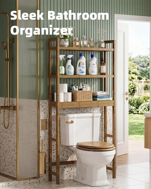 Alt view image 2 of 7 - Bathroom Storage Shelf, Bamboo Over-The-Toilet Organizer Rack, Freestanding Toilet Space Saver with 3-Tier Adjustable Shelves (Walnut)
