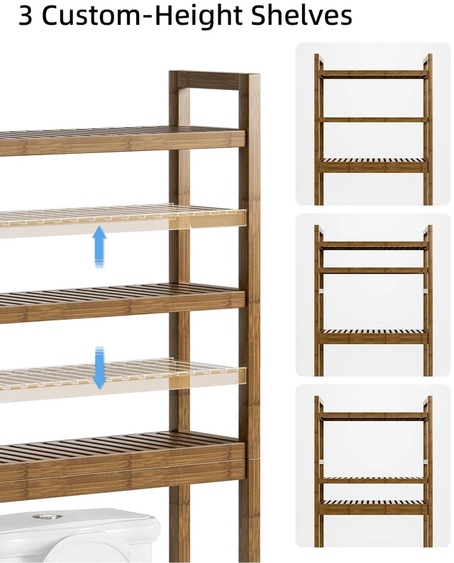 Alt view image 7 of 7 - Bathroom Storage Shelf, Bamboo Over-The-Toilet Organizer Rack, Freestanding Toilet Space Saver with 3-Tier Adjustable Shelves (Walnut)