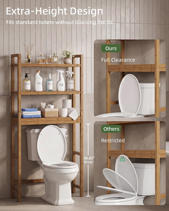 Alt view image 5 of 7 - Bathroom Storage Shelf, Bamboo Over-The-Toilet Organizer Rack, Freestanding Toilet Space Saver with 3-Tier Adjustable Shelves (Walnut)