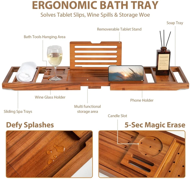 Alt view image 2 of 7 - Teak Bathtub Tray, Adjustable Wood Bath Organizer Caddy | Builtin wine holder, tablet & book stand. Waterresistant finish, fits most tubs for everyday bathroom application