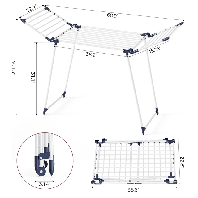Alt view image 2 of 7 - Clothes Drying Rack, Large Capacity Drying Rack, 69" L, White | No Assembly, 69" X 22.4" X 40", 37lbs Hold, Foldable Drying Rack Clothing, Sturdy Metal Frame, Laundry, Indoor & Outdoor Use