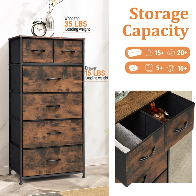 Alt view image 7 of 7 - Tall Dresser for Bedroom, Fabric Storage Tower with 6 Drawers | Vertical Organizer Cabinet, Steel Frame, Wooden Top for Closet, Living Room, Hallway