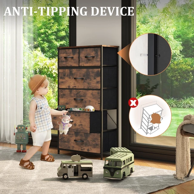 Alt view image 5 of 7 - Tall Dresser for Bedroom, Fabric Storage Tower with 6 Drawers | Vertical Organizer Cabinet, Steel Frame, Wooden Top for Closet, Living Room, Hallway