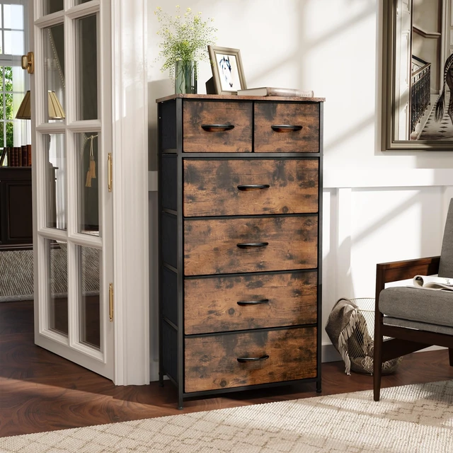 Alt view image 2 of 7 - Tall Dresser for Bedroom, Fabric Storage Tower with 6 Drawers | Vertical Organizer Cabinet, Steel Frame, Wooden Top for Closet, Living Room, Hallway