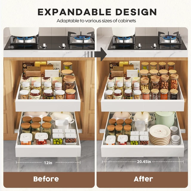 Alt view image 4 of 7 - 2 Pack Pull Out Cabinet Organizers 21"Deep with Raising Pad for Framed Cabinets,Expandable Slide Out Drawers Upgrade 3 Slide Rails,Roll Out Shelves Adhesive,Adjustable Width 12"-20.45" White