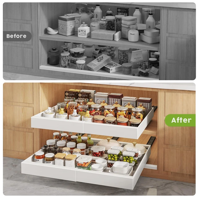 Alt view image 6 of 7 - 2 Pack Pull Out Cabinet Organizers 21"Deep with Raising Pad for Framed Cabinets,Expandable Slide Out Drawers Upgrade 3 Slide Rails,Roll Out Shelves Adhesive,Adjustable Width 12"-20.45" White
