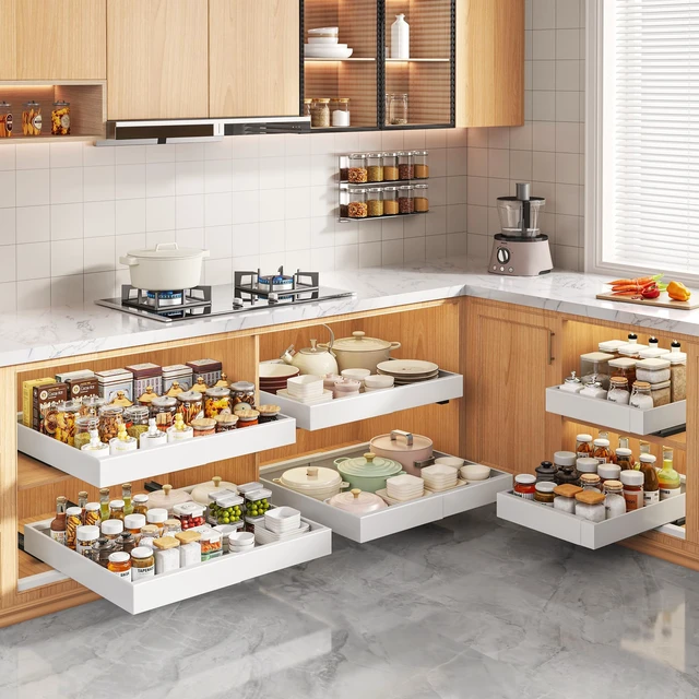 Alt view image 7 of 7 - 2 Pack Pull Out Cabinet Organizers 21"Deep with Raising Pad for Framed Cabinets,Expandable Slide Out Drawers Upgrade 3 Slide Rails,Roll Out Shelves Adhesive,Adjustable Width 12"-20.45" White