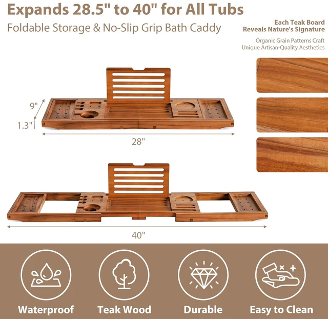 Alt view image 6 of 7 - Teak Bathtub Tray, Adjustable Wood Bath Organizer Caddy | Builtin wine holder, tablet & book stand. Waterresistant finish, fits most tubs for everyday bathroom application