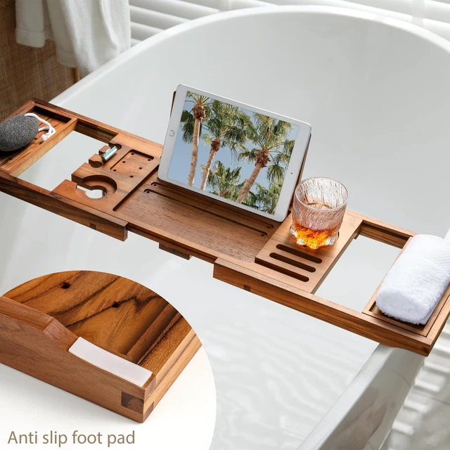 Alt view image 4 of 7 - Teak Bathtub Tray, Adjustable Wood Bath Organizer Caddy | Builtin wine holder, tablet & book stand. Waterresistant finish, fits most tubs for everyday bathroom application