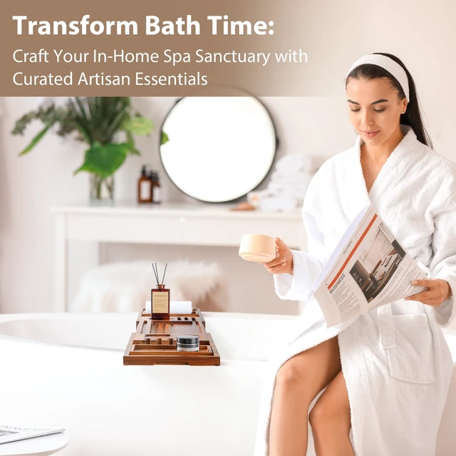Alt view image 7 of 7 - Teak Bathtub Tray, Adjustable Wood Bath Organizer Caddy | Builtin wine holder, tablet & book stand. Waterresistant finish, fits most tubs for everyday bathroom application