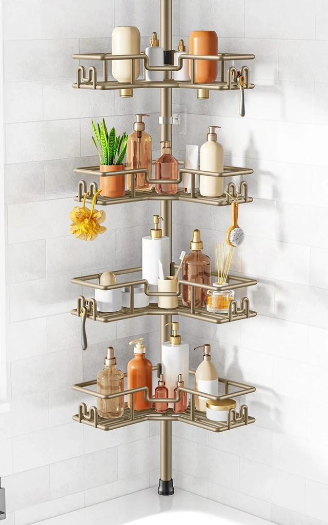 Main image of No-Drill Shower Rack, 4-Tier Corner Rustproof Tension Pole, Khaki | Bathroom Accessories With Hooks Renter-Friendly, 47.7-123.6in Adjustable, Space-Saving Bathtub Caddy For Family, Apartment RV