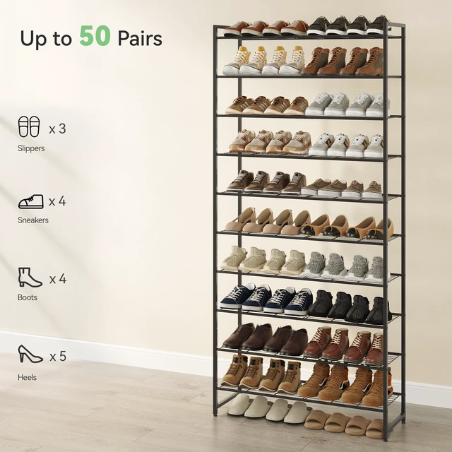 Alt view image 4 of 7 - Shoe Rack for Closet, Metal Shoe Organizer, 10 Tier Garage Shoe Rack Max Holds 50 Pairs,Shoe Storage Shelf,Entryway, Black