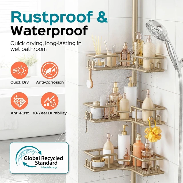 Alt view image 2 of 7 - No-Drill Shower Rack, 4-Tier Corner Rustproof Tension Pole, Khaki | Bathroom Accessories With Hooks Renter-Friendly, 47.7-123.6in Adjustable, Space-Saving Bathtub Caddy For Family, Apartment RV