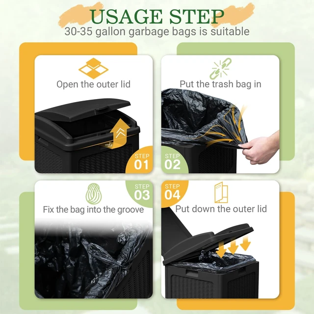 Alt view image 2 of 7 - 33 Gallon Outdoor Trash Can with Lid, Waterproof, Dark Black | Resin Garbage Bin,UV-resistant for Hideaway, Patio, Deck, Light