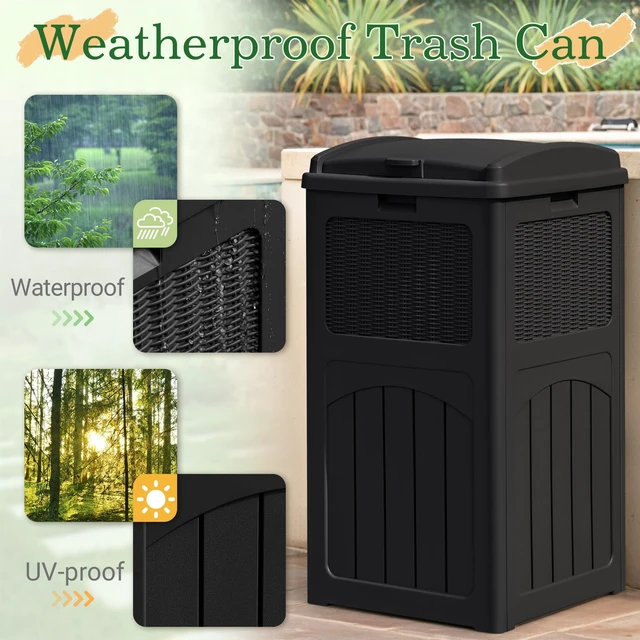 Alt view image 3 of 7 - 33 Gallon Outdoor Trash Can with Lid, Waterproof, Dark Black | Resin Garbage Bin,UV-resistant for Hideaway, Patio, Deck, Light