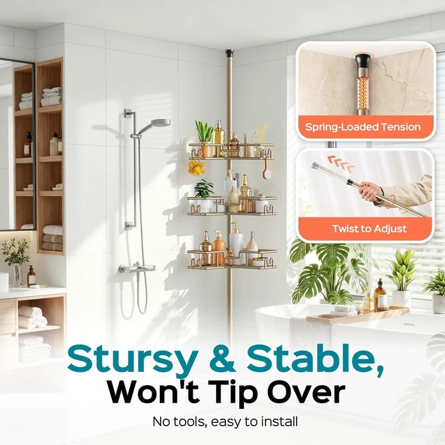 Alt view image 4 of 7 - No-Drill Shower Rack, 4-Tier Corner Rustproof Tension Pole, Khaki | Bathroom Accessories With Hooks Renter-Friendly, 47.7-123.6in Adjustable, Space-Saving Bathtub Caddy For Family, Apartment RV