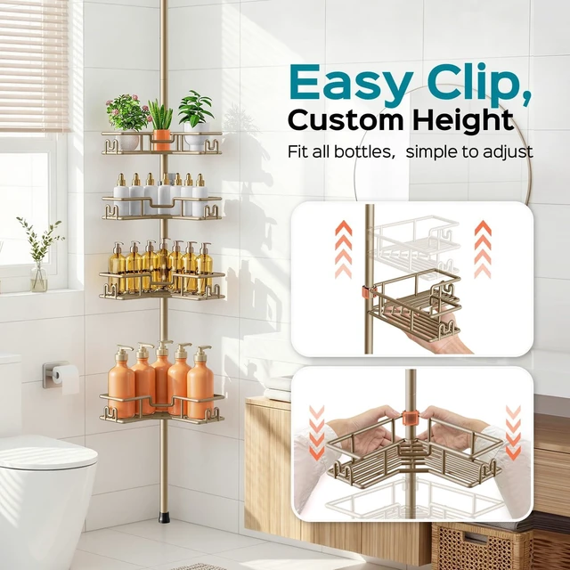 Alt view image 6 of 7 - No-Drill Shower Rack, 4-Tier Corner Rustproof Tension Pole, Khaki | Bathroom Accessories With Hooks Renter-Friendly, 47.7-123.6in Adjustable, Space-Saving Bathtub Caddy For Family, Apartment RV
