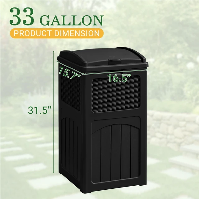 Alt view image 7 of 7 - 33 Gallon Outdoor Trash Can with Lid, Waterproof, Dark Black | Resin Garbage Bin,UV-resistant for Hideaway, Patio, Deck, Light