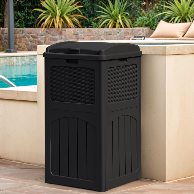 Alt view image 6 of 7 - 33 Gallon Outdoor Trash Can with Lid, Waterproof, Dark Black | Resin Garbage Bin,UV-resistant for Hideaway, Patio, Deck, Light