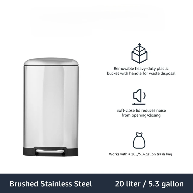 Alt view image 2 of 3 - Rectangular Small Trash Can with Soft-Close Step Pedal, Removable Inner Bucket, Hands-Free, Space-Saving, Smudge Resistant, 20l / 5.3 gallon, Nickel