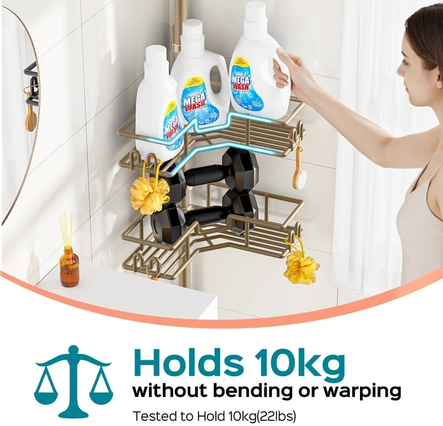 Alt view image 5 of 7 - No-Drill Shower Rack, 4-Tier Corner Rustproof Tension Pole, Khaki | Bathroom Accessories With Hooks Renter-Friendly, 47.7-123.6in Adjustable, Space-Saving Bathtub Caddy For Family, Apartment RV