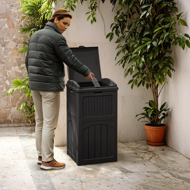 Alt view image 5 of 7 - 33 Gallon Outdoor Trash Can with Lid, Waterproof, Dark Black | Resin Garbage Bin,UV-resistant for Hideaway, Patio, Deck, Light
