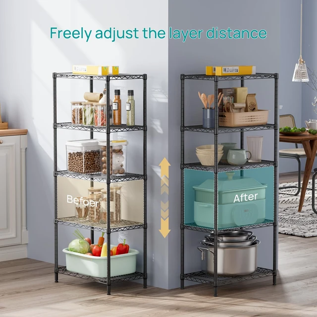 Alt view image 3 of 7 - 5 Metal Shelves Wire Shelving Storage Shelf Adjustable Unit Pantry | 5 Tier Kitchen Laundry Room Organization Home Pantry Closet Bathroom Organizers Garage Rack 14" D x 24" W x 59.5" H Black