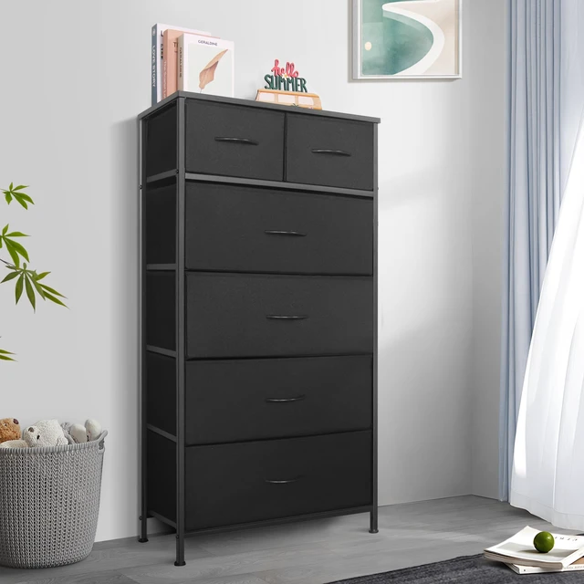 Alt view image 2 of 7 - Tall Dresser for Bedroom, Vertical Storage Organizer Tower with 7 Drawers, Chest of Drawers with Fabric Bins, Steel Frame, Wood Top for Bedroom, Closet, Entryway- Black