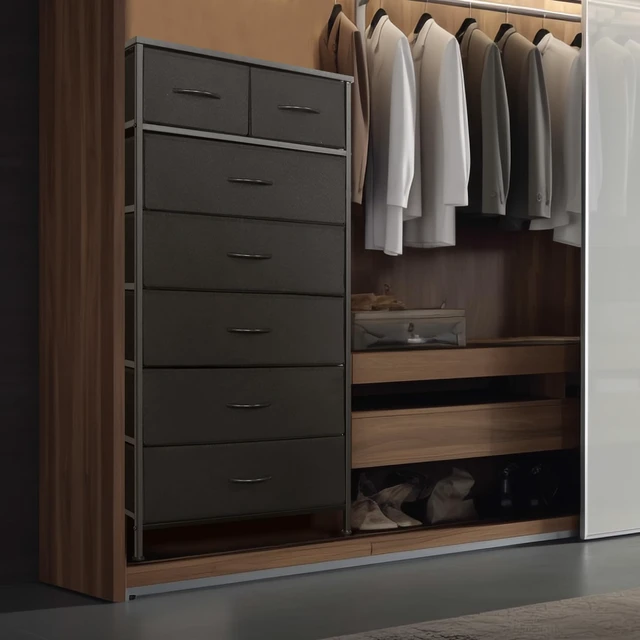 Alt view image 3 of 7 - Tall Dresser for Bedroom, Vertical Storage Organizer Tower with 7 Drawers, Chest of Drawers with Fabric Bins, Steel Frame, Wood Top for Bedroom, Closet, Entryway- Black