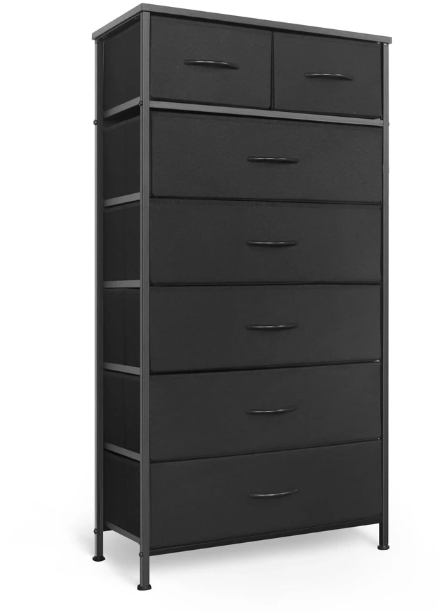 Main image of Tall Dresser for Bedroom, Vertical Storage Organizer Tower with 7 Drawers, Chest of Drawers with Fabric Bins, Steel Frame, Wood Top for Bedroom, Closet, Entryway- Black