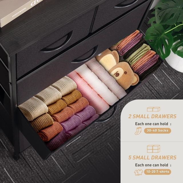 Alt view image 4 of 7 - Tall Dresser for Bedroom, Vertical Storage Organizer Tower with 7 Drawers, Chest of Drawers with Fabric Bins, Steel Frame, Wood Top for Bedroom, Closet, Entryway- Black
