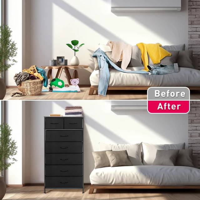 Alt view image 5 of 7 - Tall Dresser for Bedroom, Vertical Storage Organizer Tower with 7 Drawers, Chest of Drawers with Fabric Bins, Steel Frame, Wood Top for Bedroom, Closet, Entryway- Black