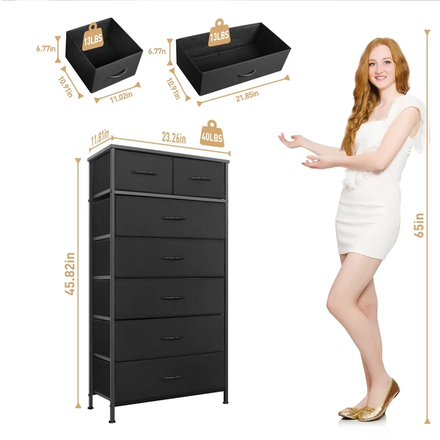 Alt view image 7 of 7 - Tall Dresser for Bedroom, Vertical Storage Organizer Tower with 7 Drawers, Chest of Drawers with Fabric Bins, Steel Frame, Wood Top for Bedroom, Closet, Entryway- Black
