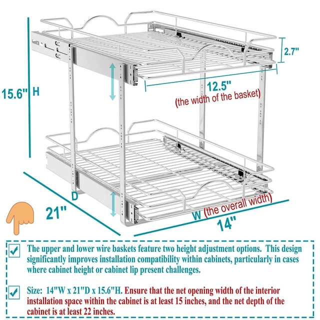 Alt view image 2 of 7 - 2 Tier Pull Out Cabinet Organizer (14" W x 21" D), Pull Out Drawers for Kitchen Cabinets, Pull Out Shelves for Base Cabinet Organization in Kitchen Bathroom Pantry, Chrome Finish