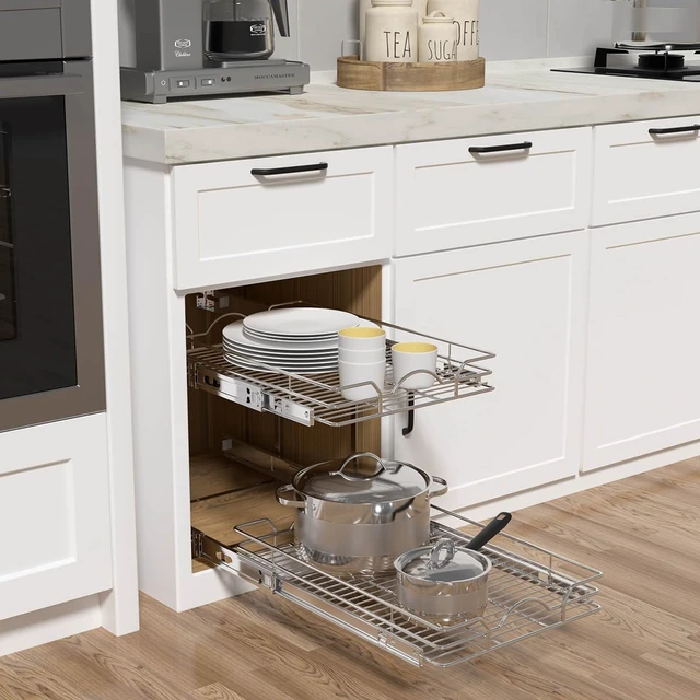 Alt view image 4 of 7 - 2 Tier Pull Out Cabinet Organizer (14" W x 21" D), Pull Out Drawers for Kitchen Cabinets, Pull Out Shelves for Base Cabinet Organization in Kitchen Bathroom Pantry, Chrome Finish