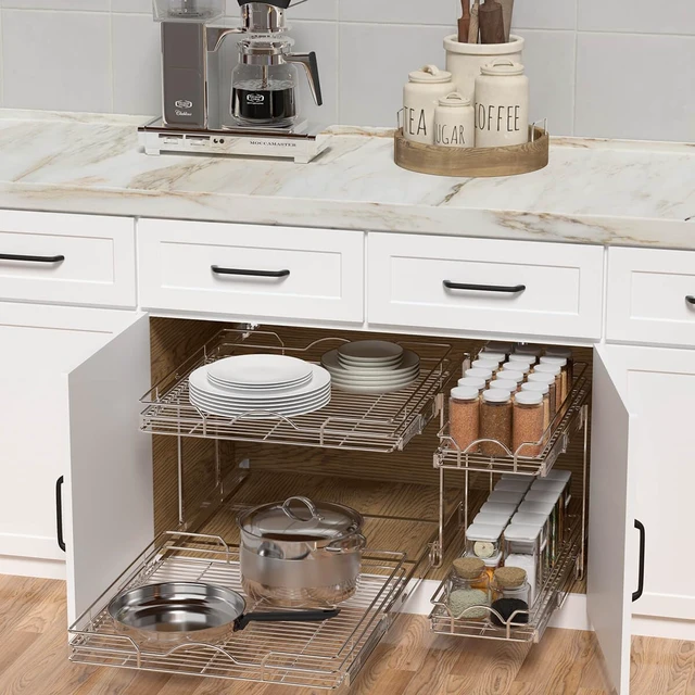 Alt view image 3 of 7 - 2 Tier Pull Out Cabinet Organizer (14" W x 21" D), Pull Out Drawers for Kitchen Cabinets, Pull Out Shelves for Base Cabinet Organization in Kitchen Bathroom Pantry, Chrome Finish