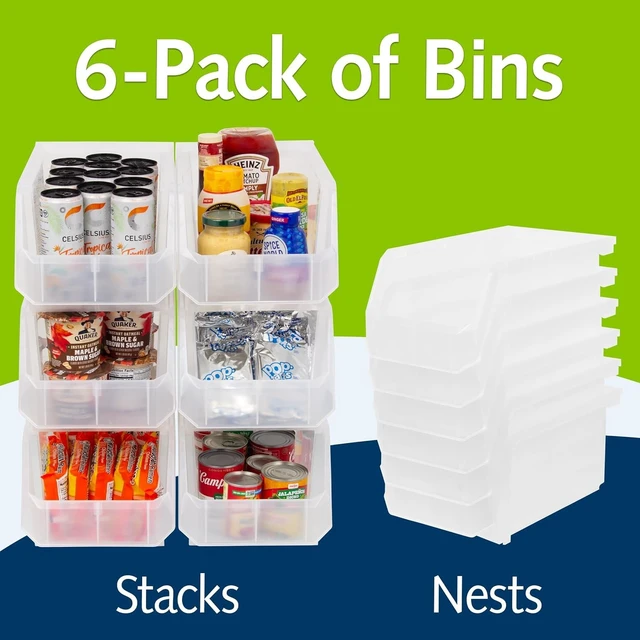 Alt view image 4 of 7 - Large Stackable Plastic Storage Bins, 6-Pack, Clear | Open-Front Stackable Bins For Garage, Pantry, Closet & Office, 14,8"L X 8"W X 7"H, Nests When Empty, Durable Plastic,