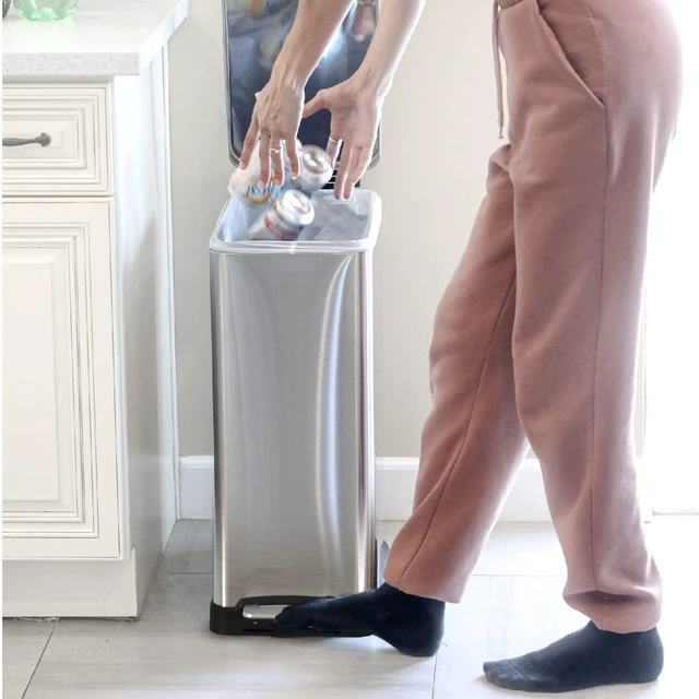 Alt view image 2 of 7 - 12 Gallon Kitchen Trash Can with Slim Fit Design | Stainless Steel with Soft-Close Step Pedal Lid, Bag Tuck Band for Easier Bag Changes, Rectangular Shape, Silver