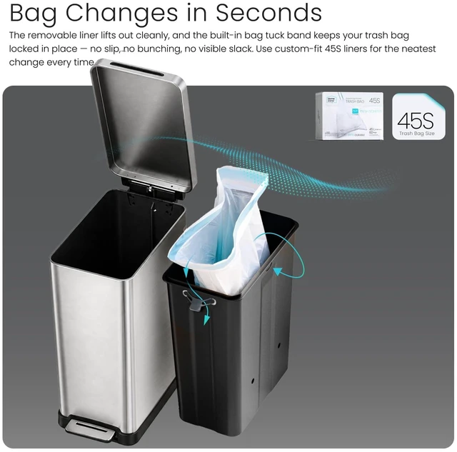 Alt view image 7 of 7 - 12 Gallon Kitchen Trash Can with Slim Fit Design | Stainless Steel with Soft-Close Step Pedal Lid, Bag Tuck Band for Easier Bag Changes, Rectangular Shape, Silver
