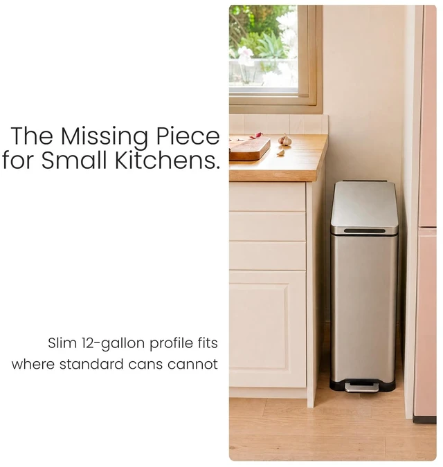 Alt view image 5 of 7 - 12 Gallon Kitchen Trash Can with Slim Fit Design | Stainless Steel with Soft-Close Step Pedal Lid, Bag Tuck Band for Easier Bag Changes, Rectangular Shape, Silver