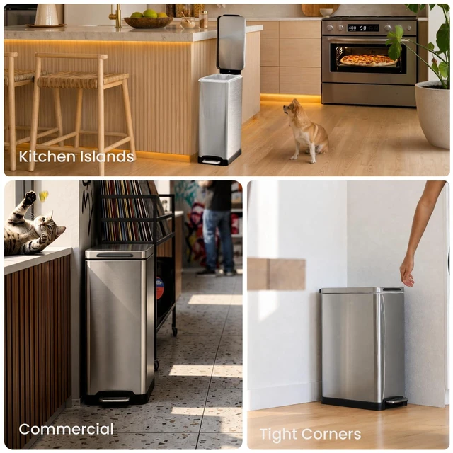 Alt view image 6 of 7 - 12 Gallon Kitchen Trash Can with Slim Fit Design | Stainless Steel with Soft-Close Step Pedal Lid, Bag Tuck Band for Easier Bag Changes, Rectangular Shape, Silver