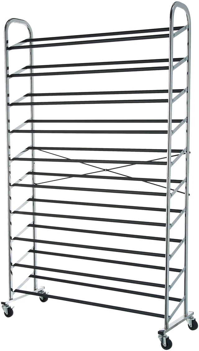 Main image of 50-Pair Shoe Rack Organizer, Portable Rolling with Locking Wheels, Free Standing, 35.8 x 14.6 x 59.5 inches, Chrome