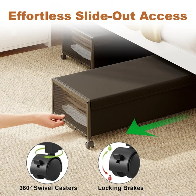 Alt view image 4 of 6 - 2Pack Under Bed Storage Containers, 10 inch Height,31 inch Long | Under Bed Shoe Storage,Underbed Storage with Wheels,Large Rolling under bed Clothes Storage Drawers,Lid,Dorm Tall,Black