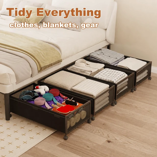 Alt view image 6 of 6 - 2Pack Under Bed Storage Containers, 10 inch Height,31 inch Long | Under Bed Shoe Storage,Underbed Storage with Wheels,Large Rolling under bed Clothes Storage Drawers,Lid,Dorm Tall,Black