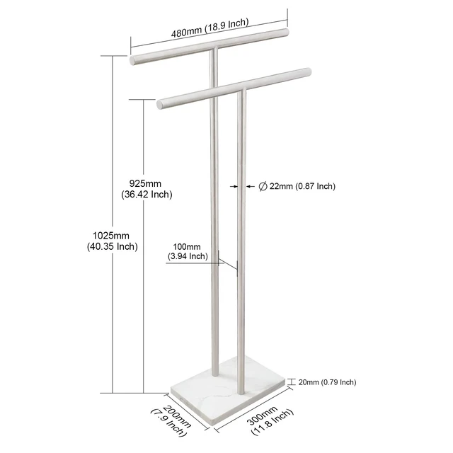 Alt view image 2 of 5 - 40 Inch Standing Towel Rack Double-T Shape Tall Bath Towel Sheet Holder with Marble Design Base for Bathroom Floor Next to Tub or Shower 2 Tier Towel Holder Stand Stainless Steel Brushed Nickel